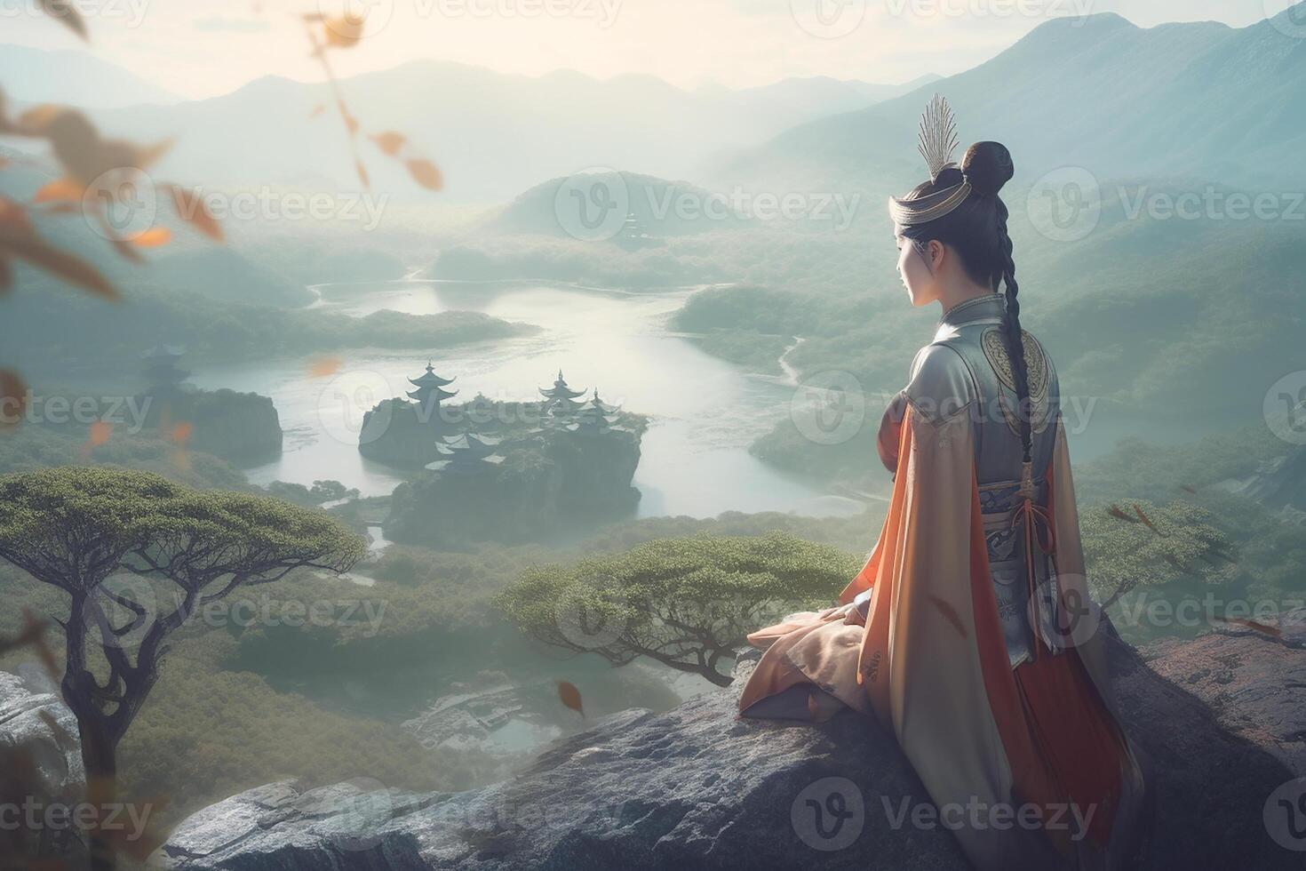 Japanese woman in traditional Japanese costume against the backdrop of nature. Geisha. photo