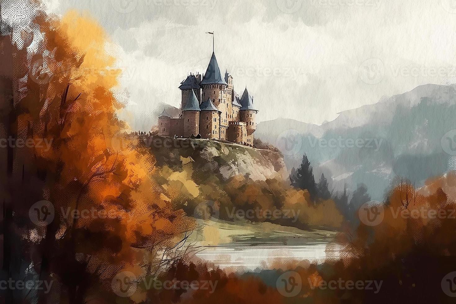 Autumn Castle, landscape painted with watercolors on textured paper. Digital Watercolor Painting photo
