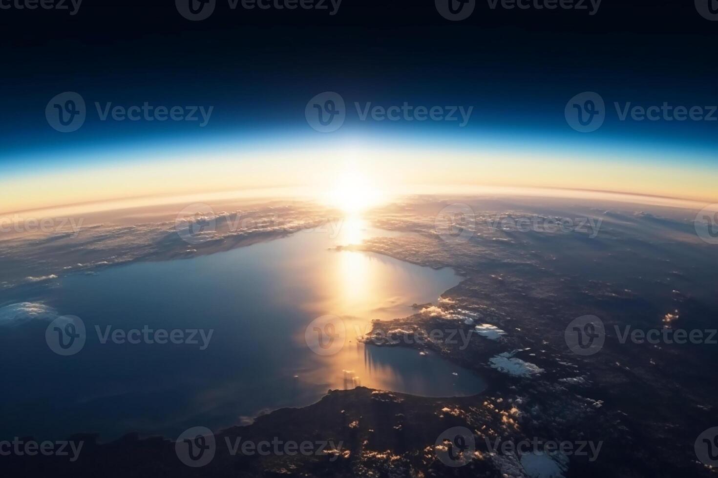 Planet Earth with sunset, view from the space station. Background. photo