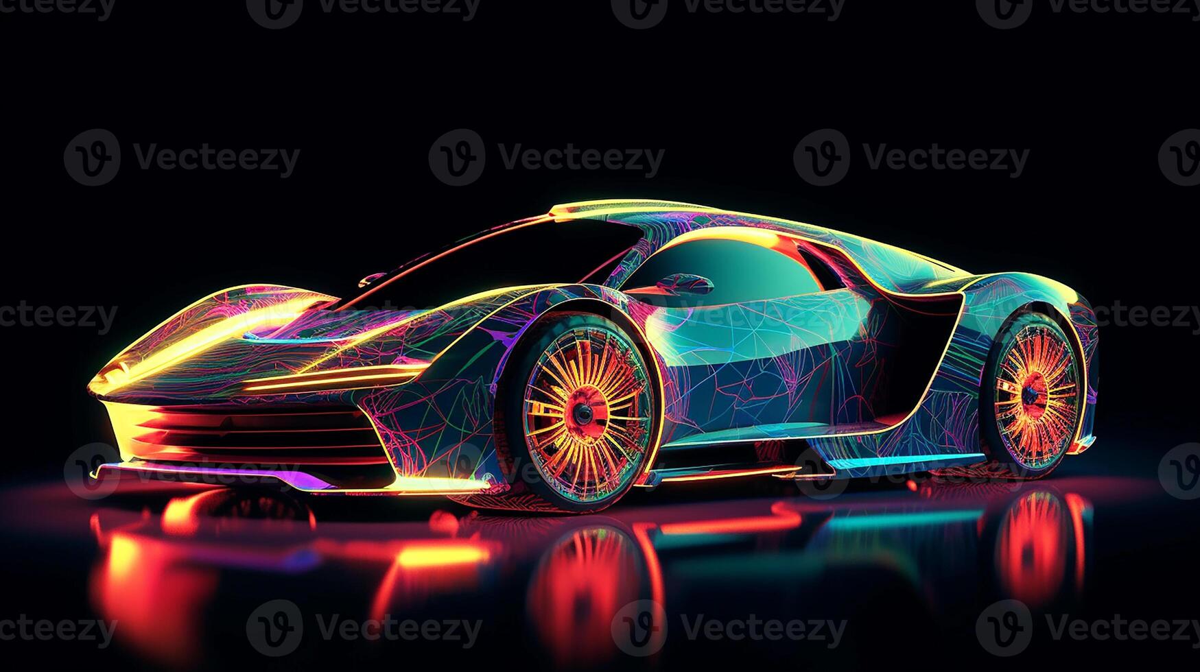 Abstract futuristic car design in neon color. Wallpaper, black background. photo