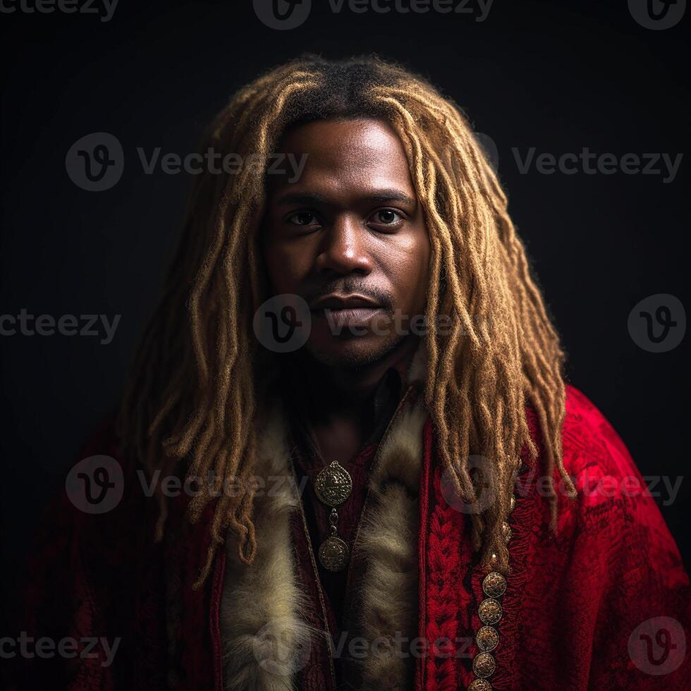 Portrait, Dark-skinned man with long hair in a red jacket, dreadlocked hair. Black background. photo