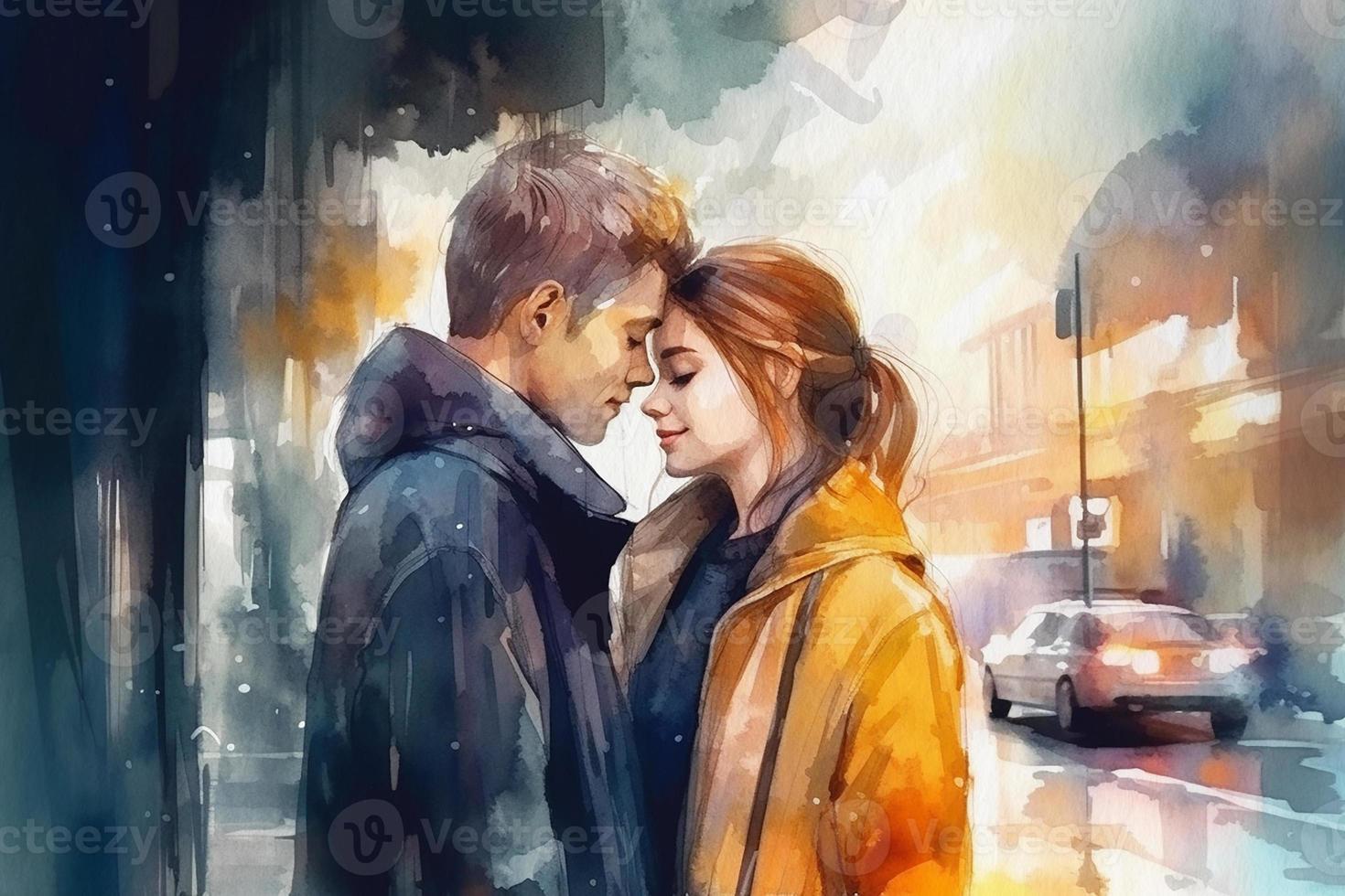 Happy young couple, guy and girl on city street, watercolor painting on textured paper. Digital watercolor painting photo