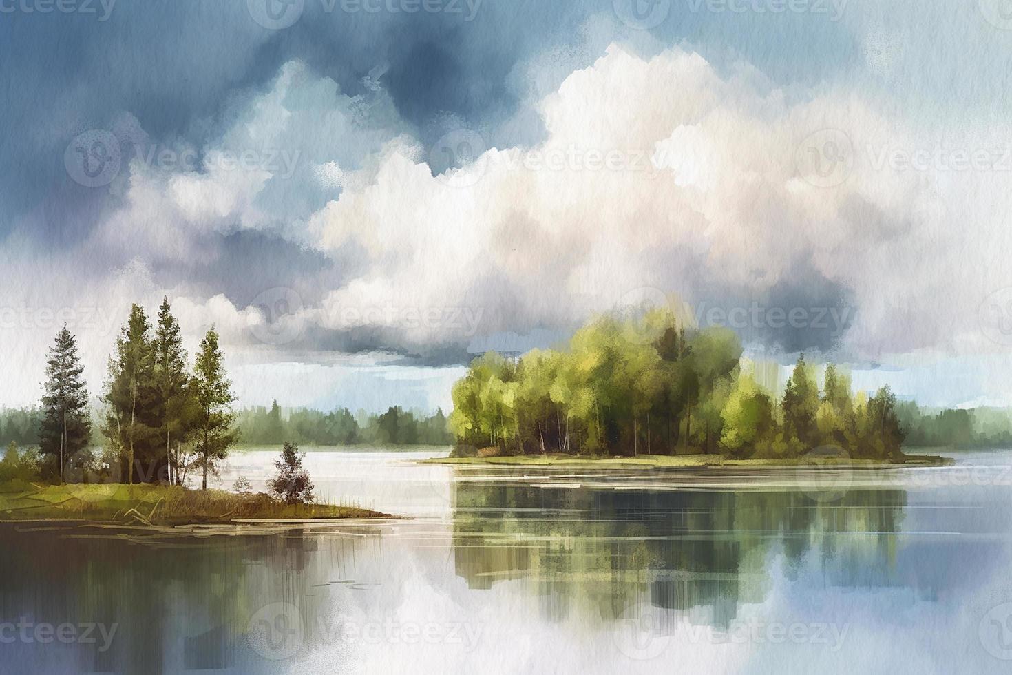 Before a thunderstorm, landscape painted with watercolors on textured paper. Digital Watercolor Painting photo