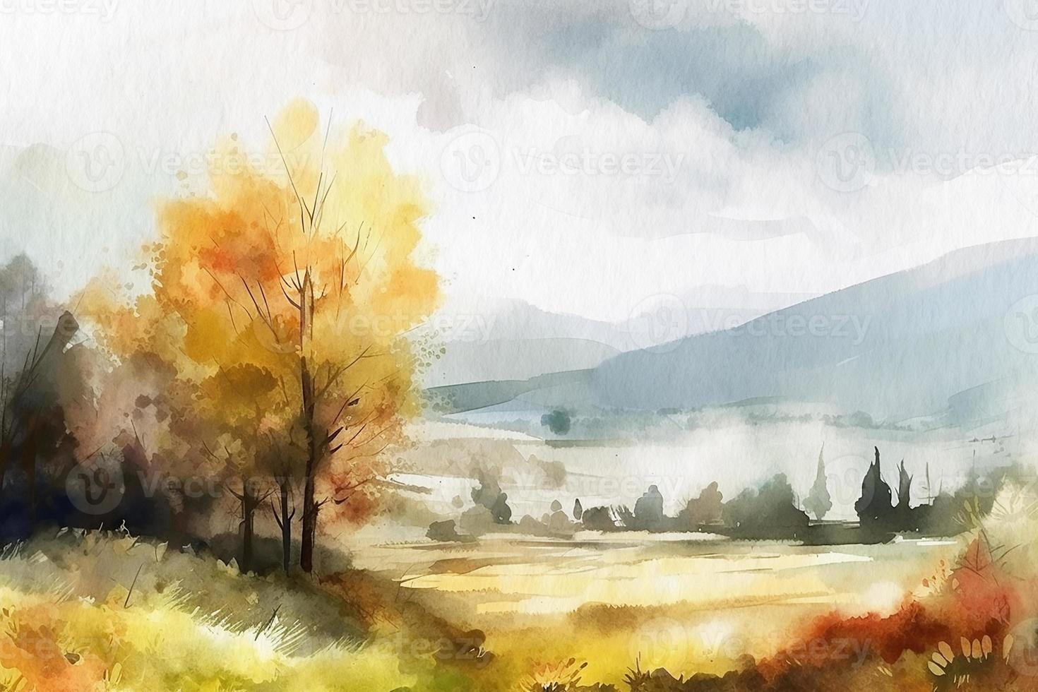 Autumn landscape painted with watercolors on textured paper. Digital Watercolor Painting photo