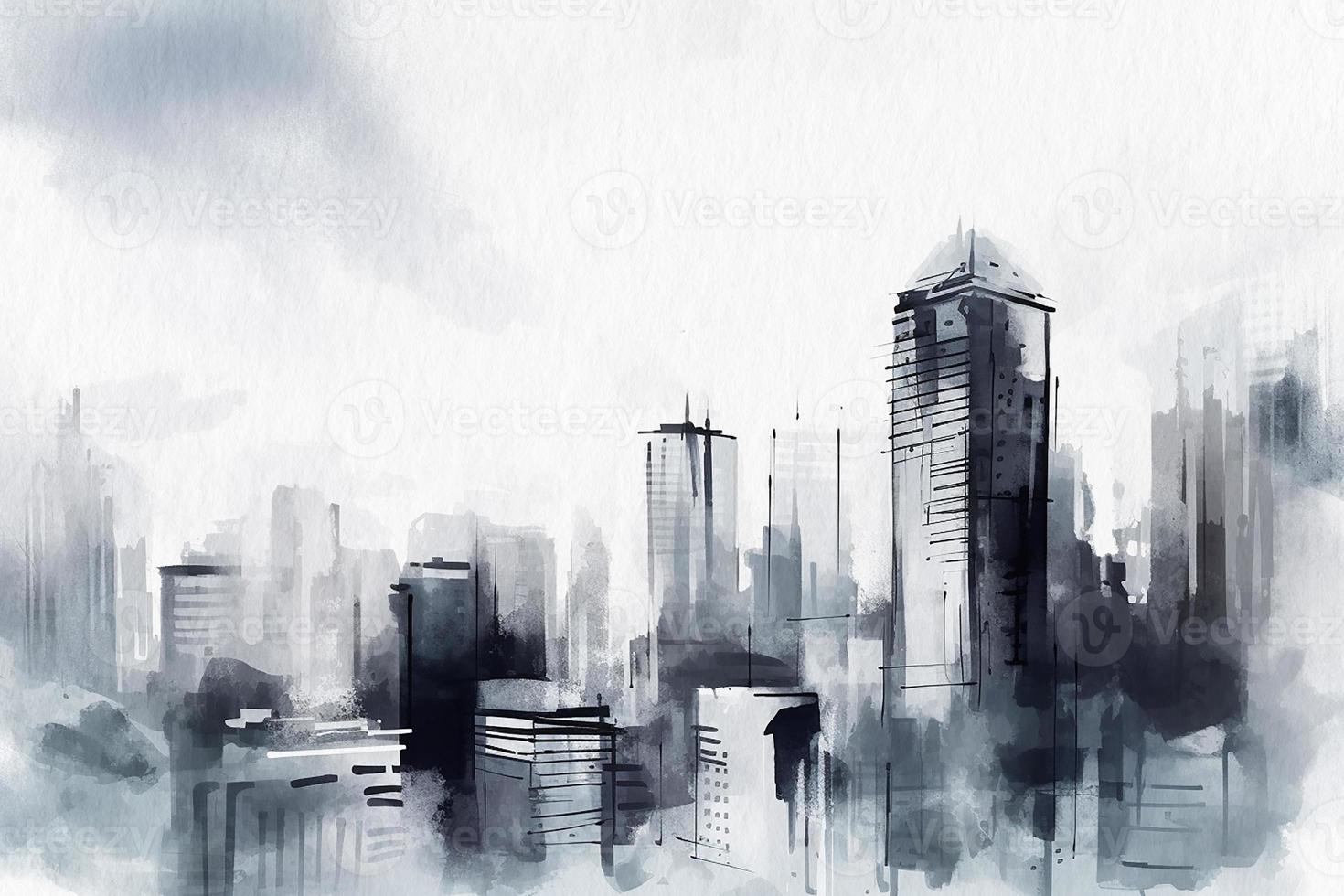 Modern city with skyscrapers, gray tone, watercolor painting on textured paper. Digital watercolor painting photo