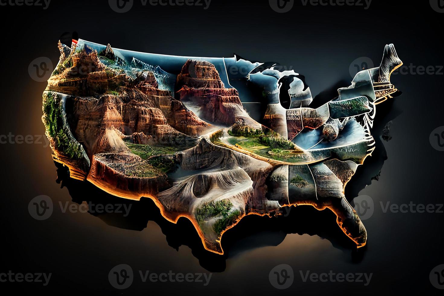 U.S. flag on the background of a map of the country with elements of natural features. photo
