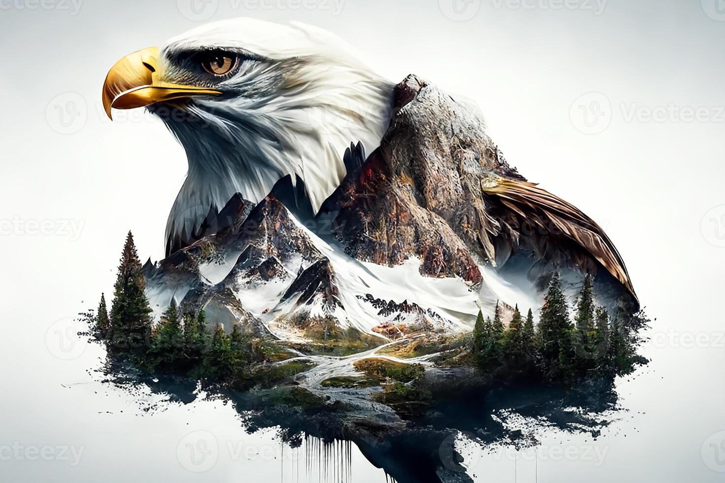 A white eagle in the Rocky Mountains with the American flag. photo