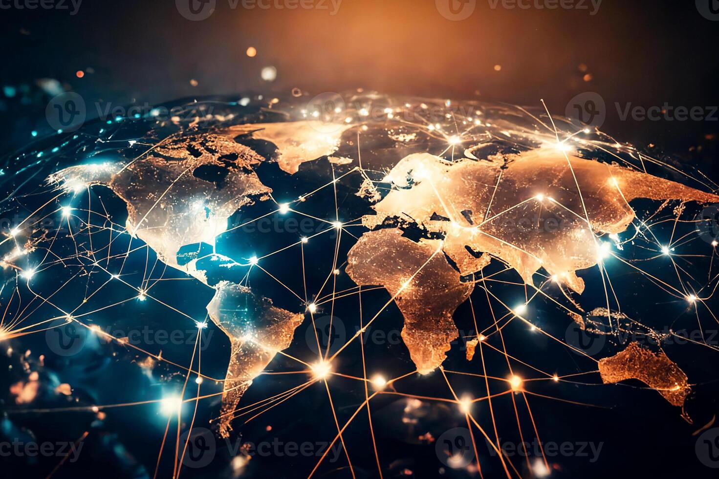 Social media, the globe, and glowing lights. The global network of the Internet. photo