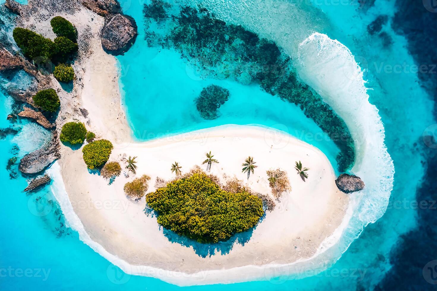 Tropical white sand on the beach and turquoise sea water. View from the top. A tropical paradisiacal backdrop. photo