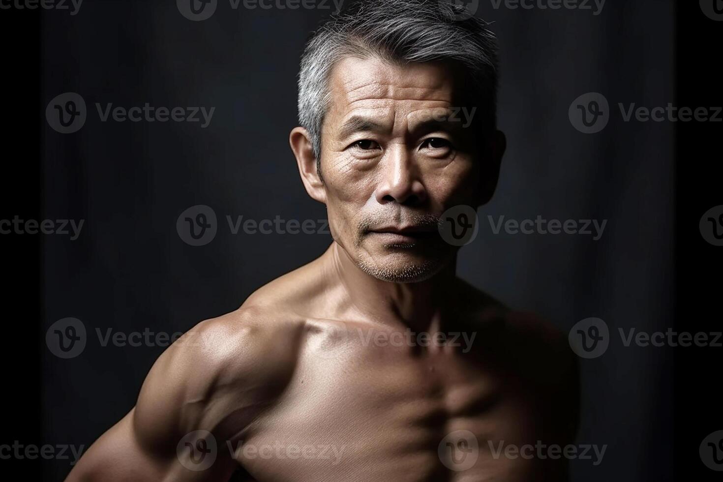 An elderly Asian man with gray hair and an athletic build. Studio portrait. photo