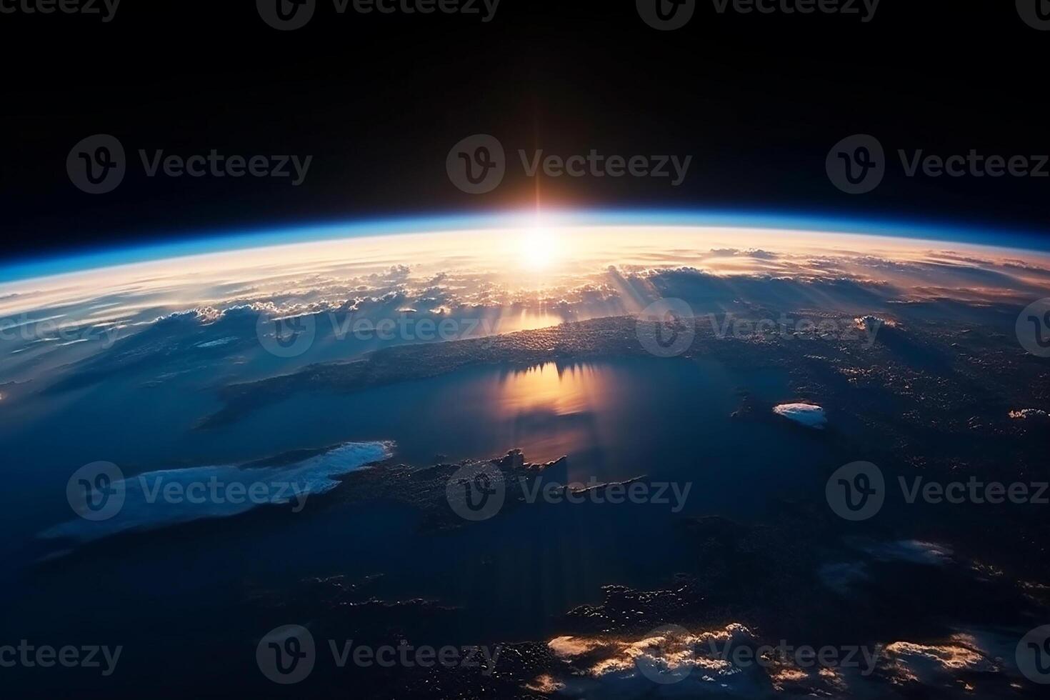 Planet Earth with sunset, view from the space station. Background. photo