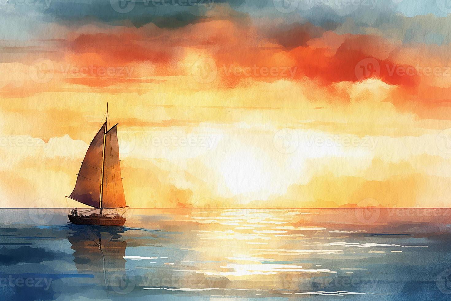 velero navegación en el mar a puesta de sol. pintado con acuarelas, el textura de acuarela papel. foto