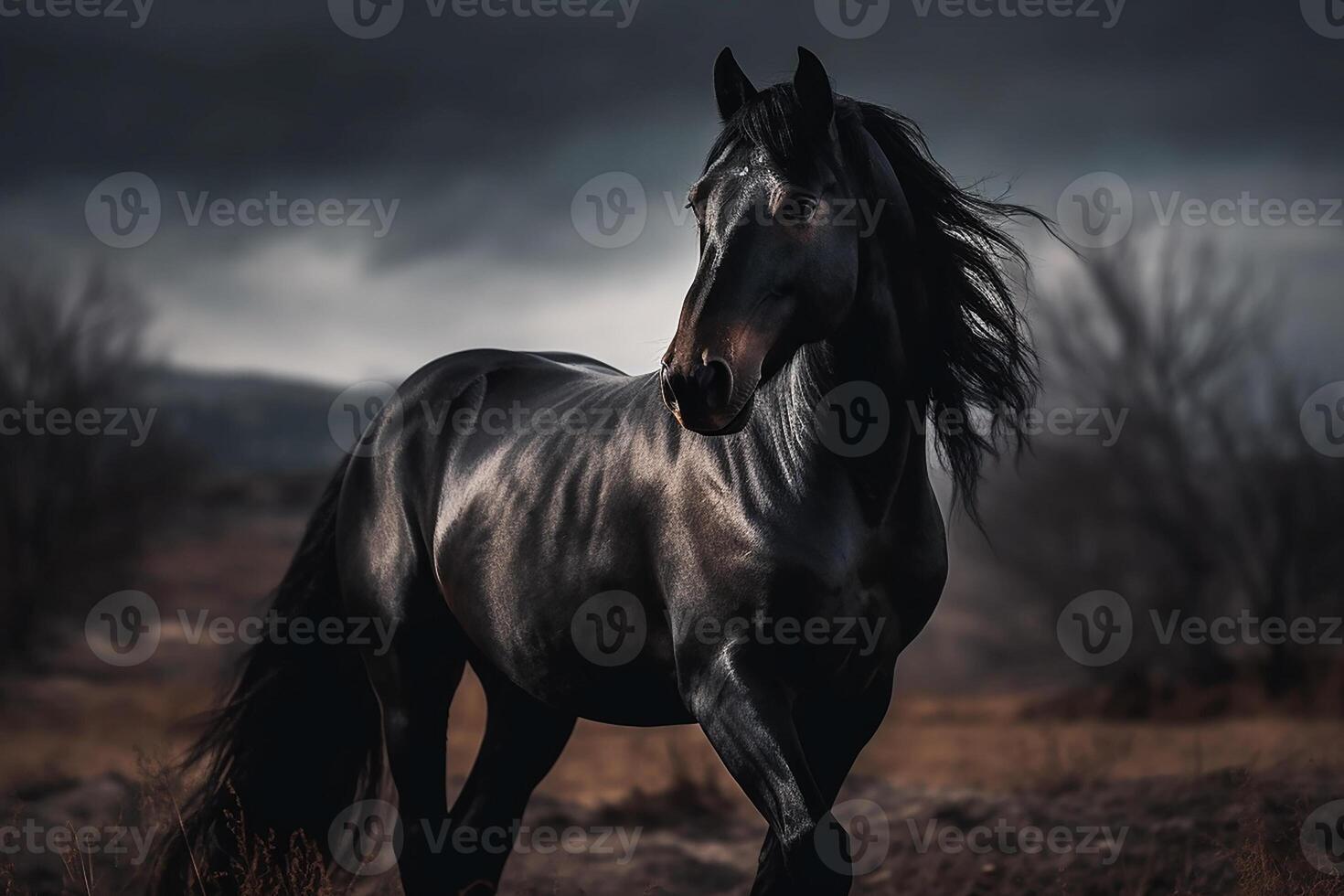 un pura sangre negro caballo en el pastar. generativo ai foto