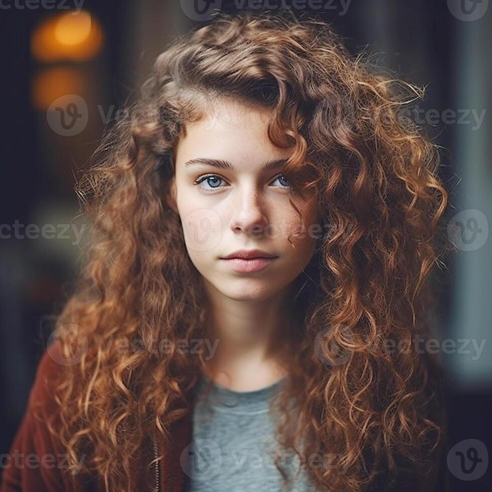 retrato de un joven atractivo niña con Rizado largo oscuro cabello. generativo ai foto