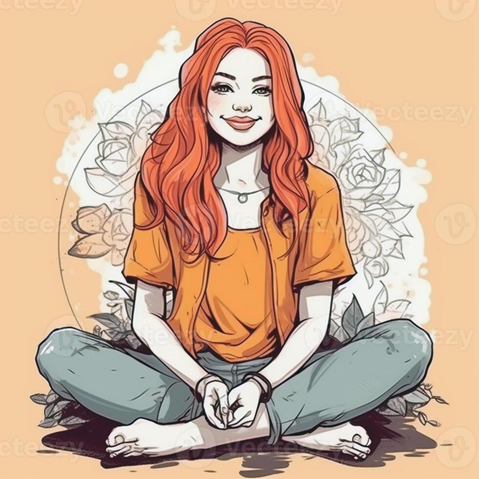 The girl yogi is sitting in the lotus pose. photo