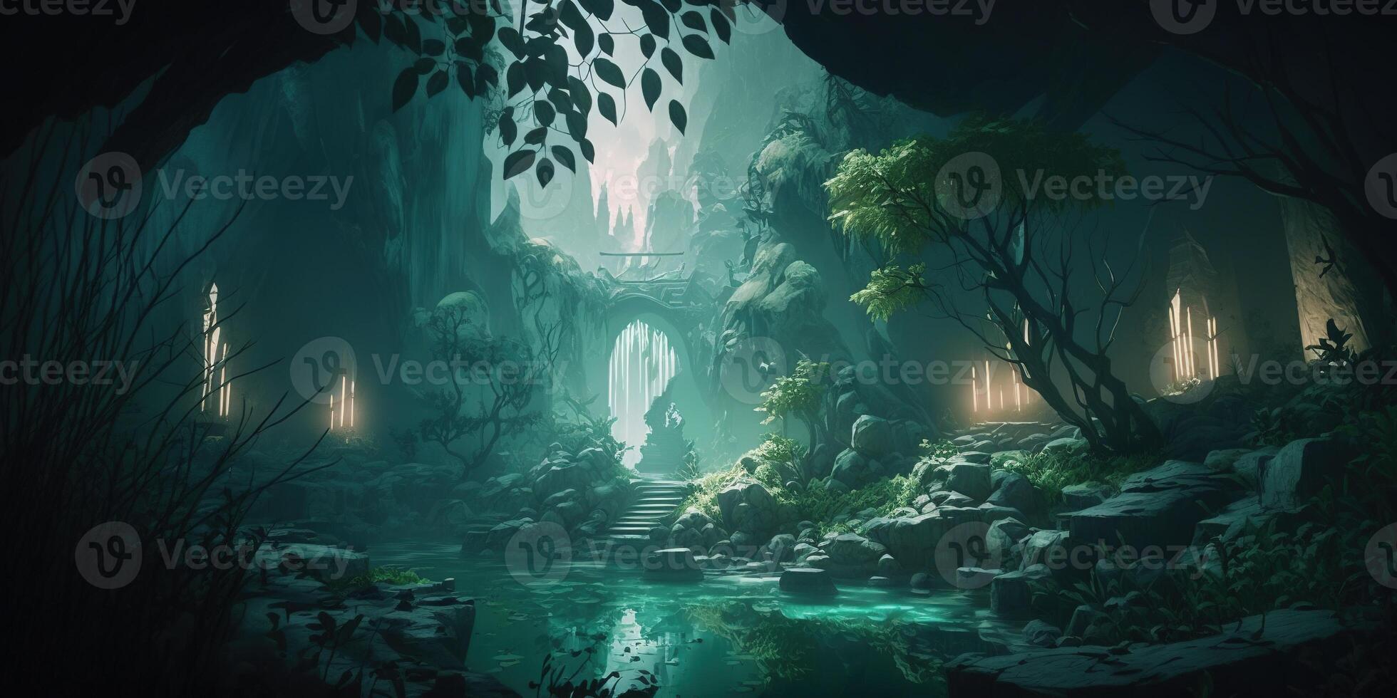 A fantastic mystical landscape of the elven gorge. Grim mountains, trees, and a stream. A magical place in the middle of the forest illuminated by magical lanterns, fireflies. . photo