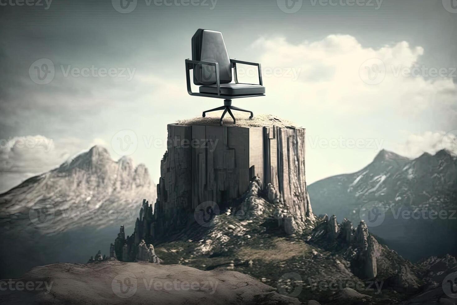 Office chair on top of a mountain, against a background of sky and mountain scenery. Concept leadership, success, winner, free vacancy. photo