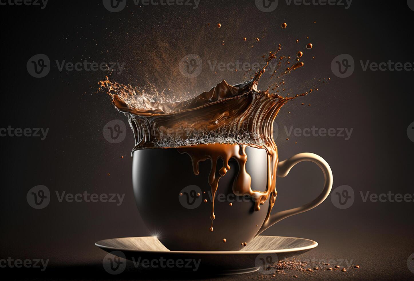 Coffee cup, splash and splatter. Burst of brown liquid, drips. Abstract illustration on dark background. . photo