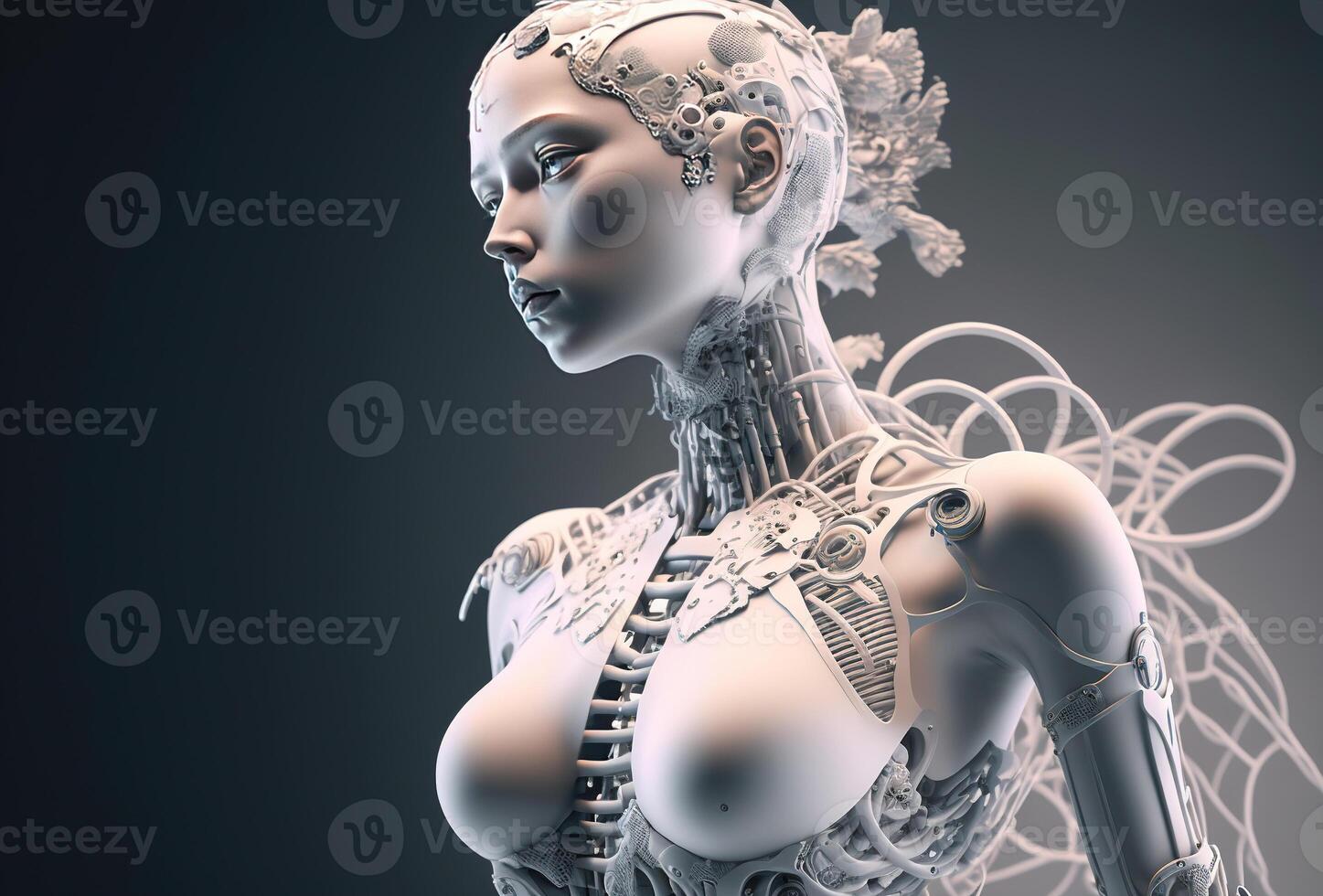 mecánico androide chica, un enredo de alambres y técnico elementos. humanoide robot mujer, complejo ciencia ficción modelo. blanco cyberpunk personaje en oscuro antecedentes. ai generado. foto