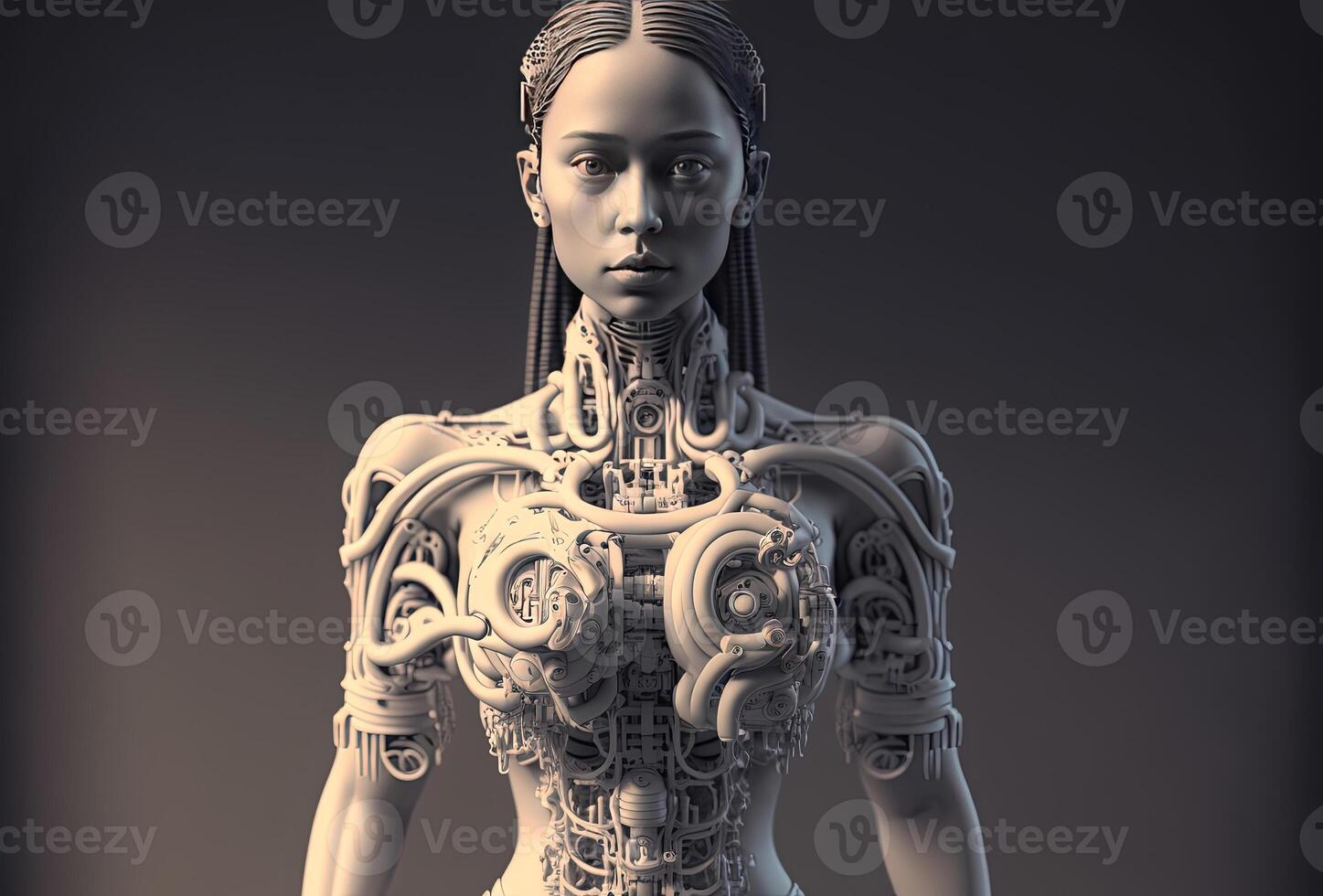 Mechanical android girl, a tangle of wires and technical elements. Humanoid robot woman, complex sci-fi model. White cyberpunk character on dark background. . photo