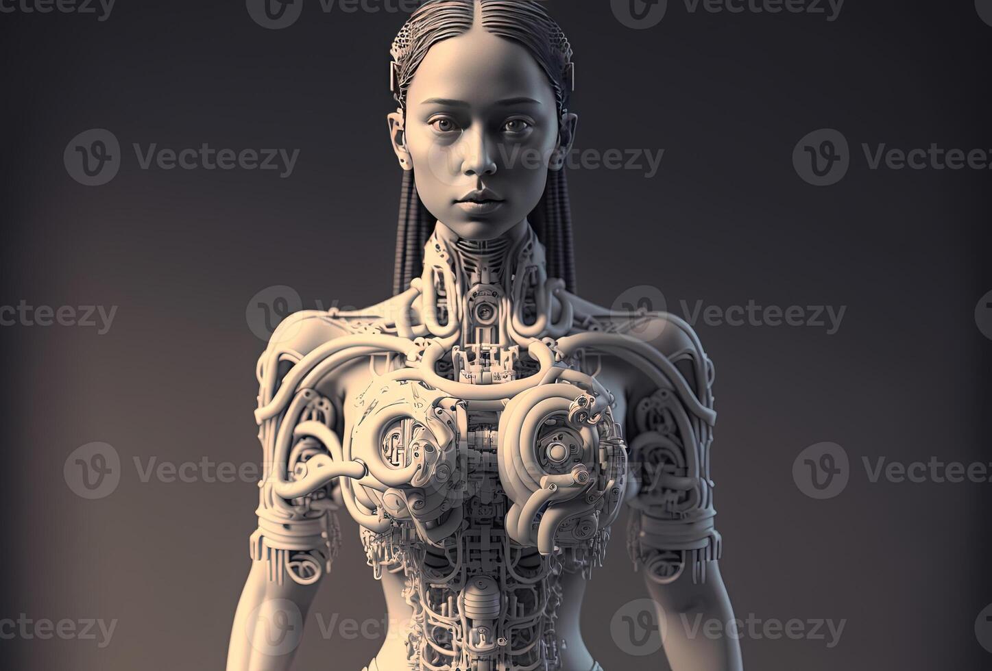 mecánico androide chica, un enredo de alambres y técnico elementos. humanoide robot mujer, complejo ciencia ficción modelo. blanco cyberpunk personaje en oscuro antecedentes. ai generado. foto