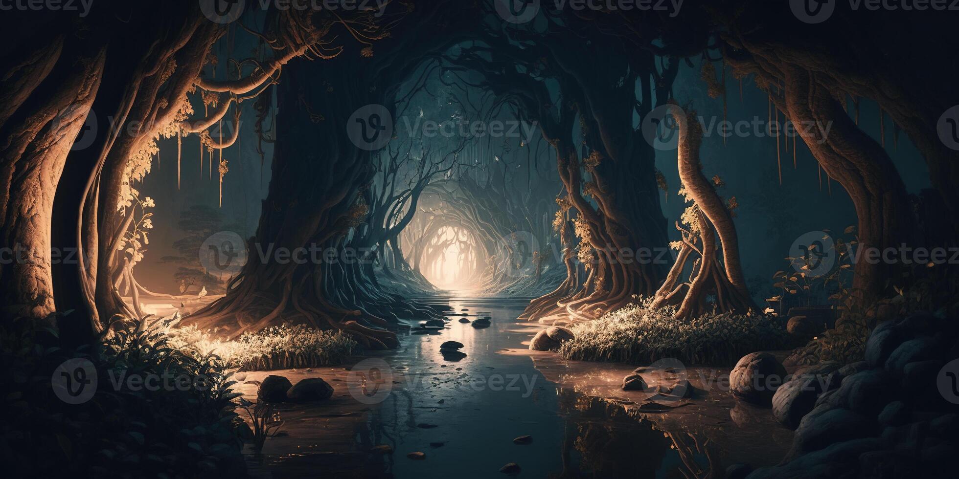 A fantastic mystical landscape of the elven gorge. Grim mountains, trees, and a stream. A magical place in the middle of the forest illuminated by magical lanterns, fireflies. . photo