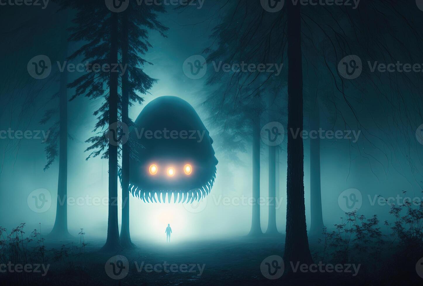 Scary alien monster in the misty night forest. The creepy silhouette of a huge creature with glowing eyes is illuminated by the moon. 3D rendering. . photo