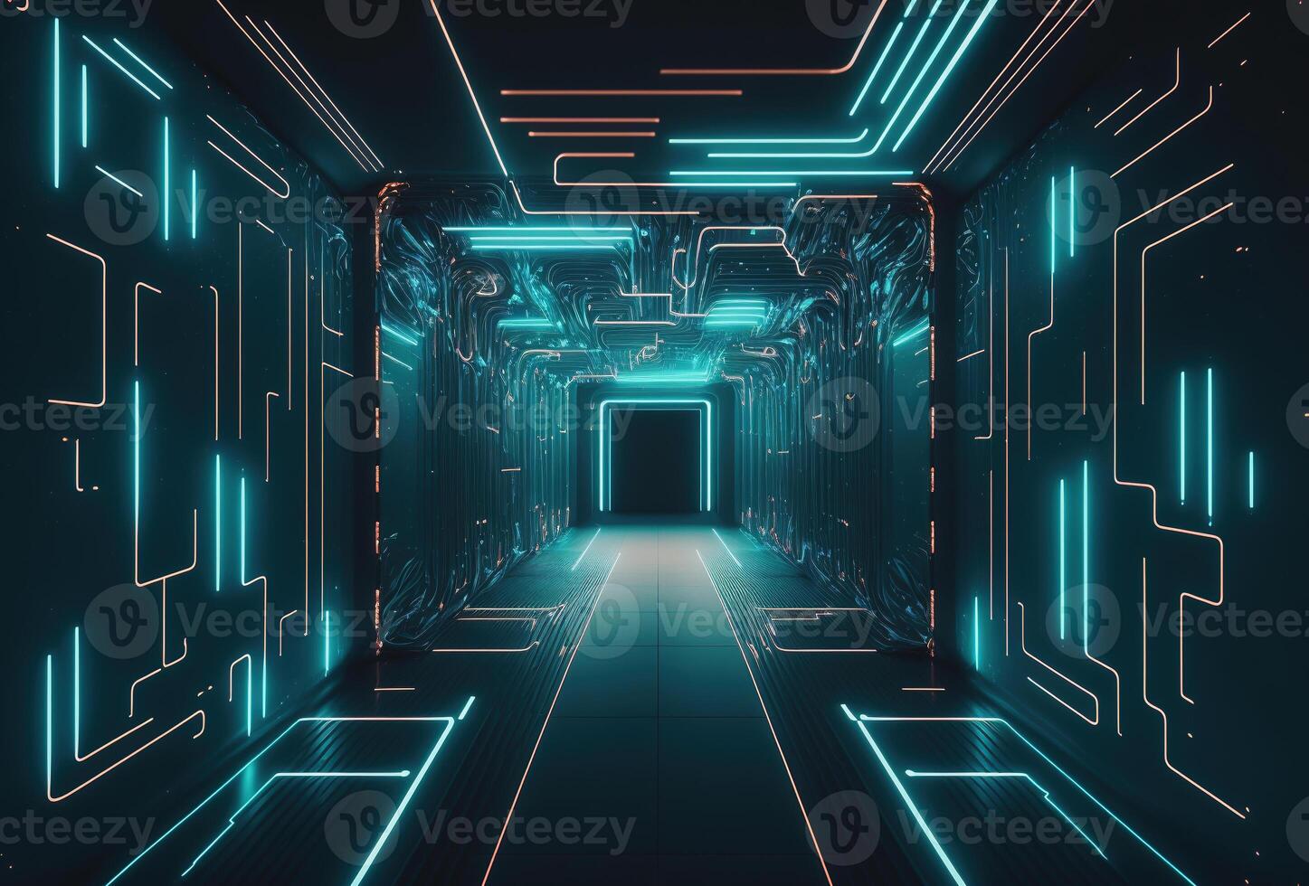 A fantastic neon tunnel, the corridor of a spaceship. Immersion in virtual reality, artificial intelligence. Dark abstract background with multicolored glow. 3D rendering. . photo