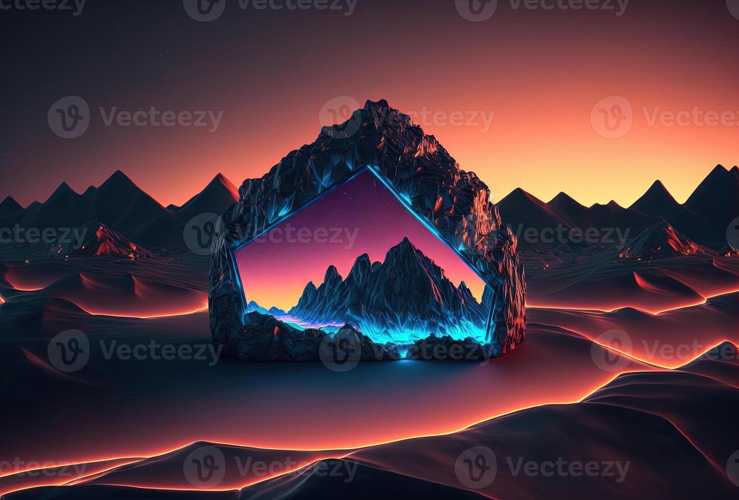 A futuristic landscape, low-polygon mountains illuminated by neon light on a gradient background. Immersion in a surreal digital virtual cyber world. 3D rendering. . photo