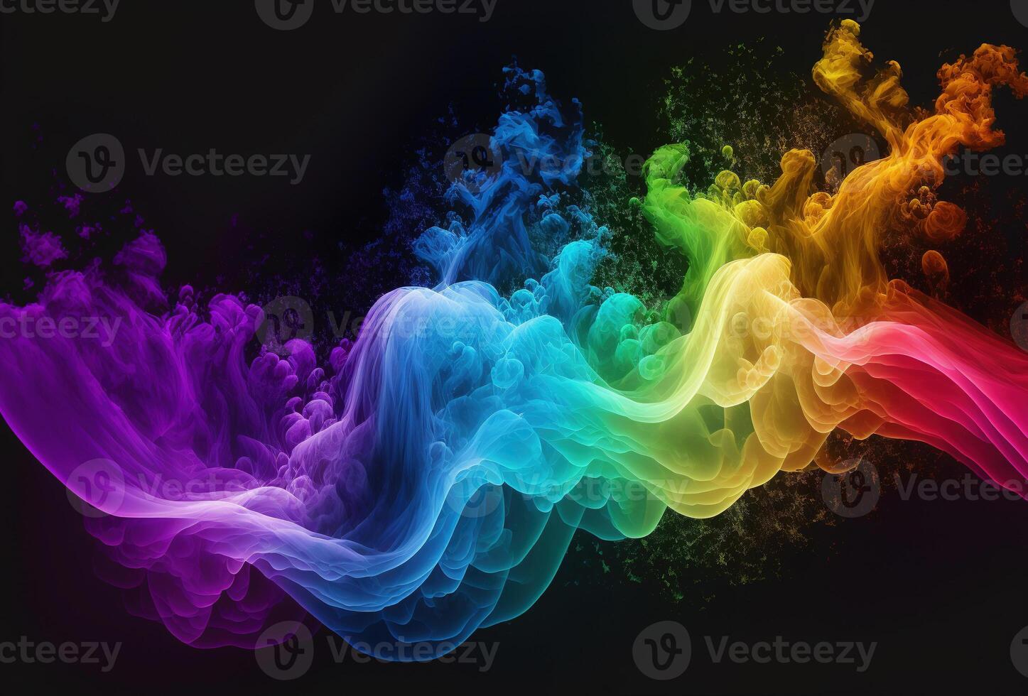 Bubbles of multicolored neon smoke, ink. An explosion, a burst of holi paint. Abstract psychedelic black dark background. 3D rendering. . photo