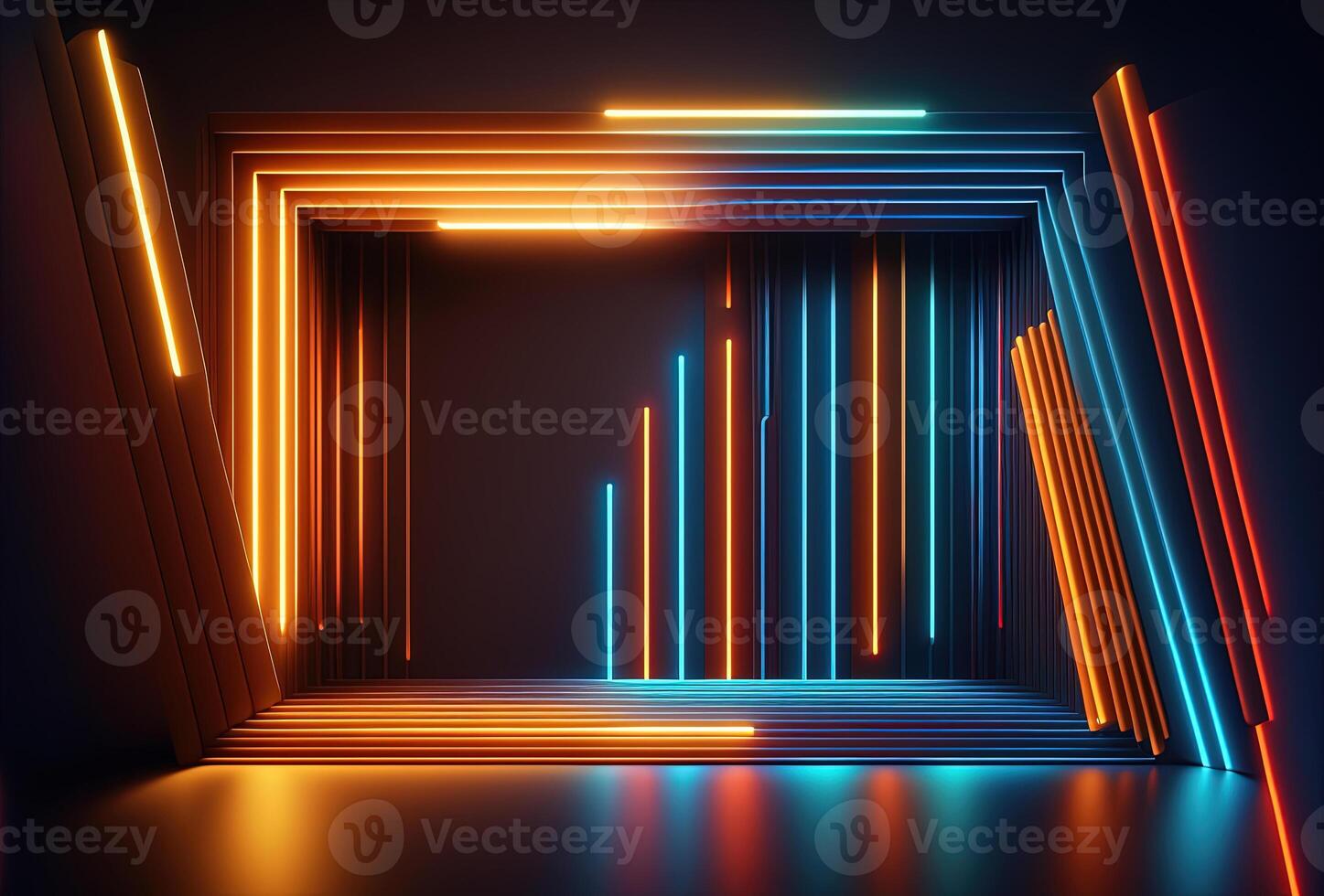 Abstract psychedelic dark background, multicolored glowing neon straight lines. Immersive fantasy interior, corridor, gallery. 3D rendering. . photo