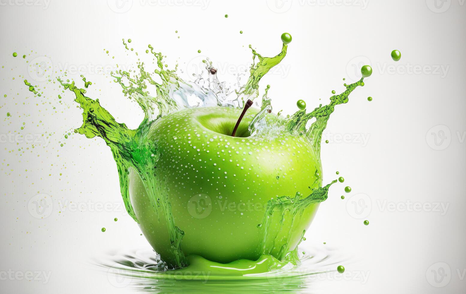 Green apple in a splash of water. Explosion of clear liquid and droplets on white background. . photo