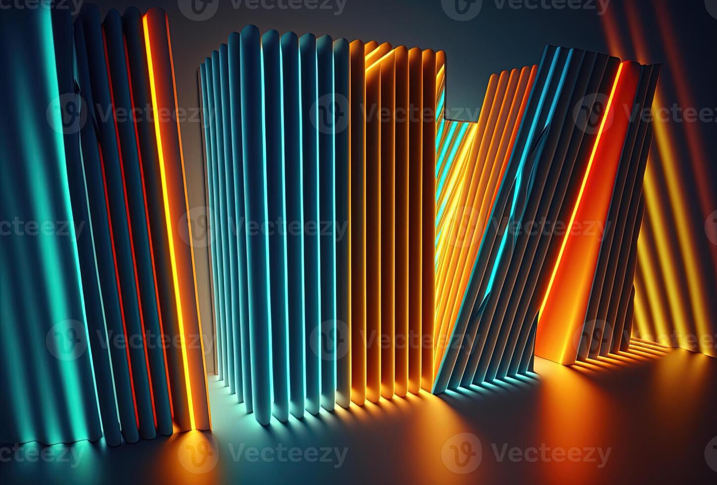Abstract psychedelic dark background, multicolored glowing neon straight lines. Immersive fantasy interior, corridor, gallery. 3D rendering. . photo