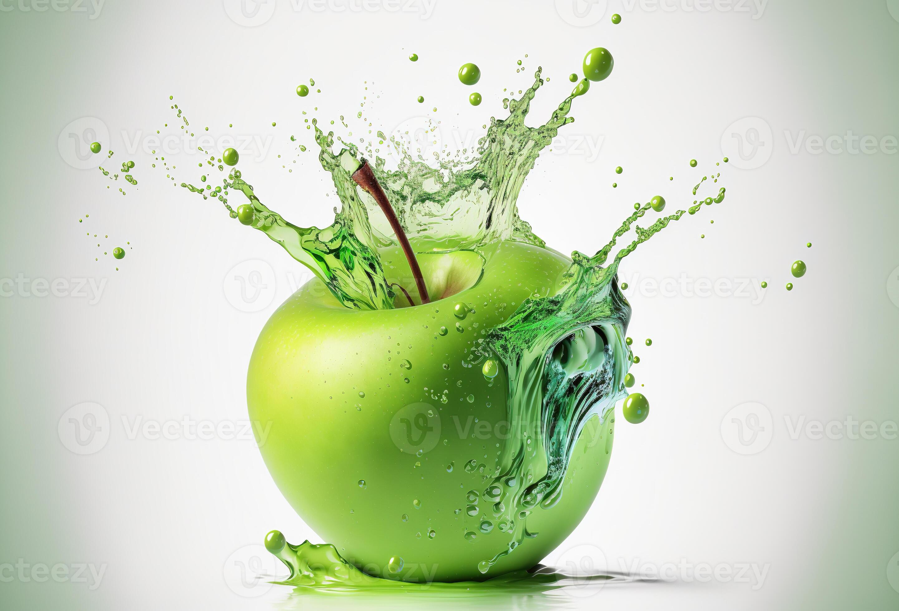 Green apple in a splash of water. Explosion of clear liquid and droplets on white background