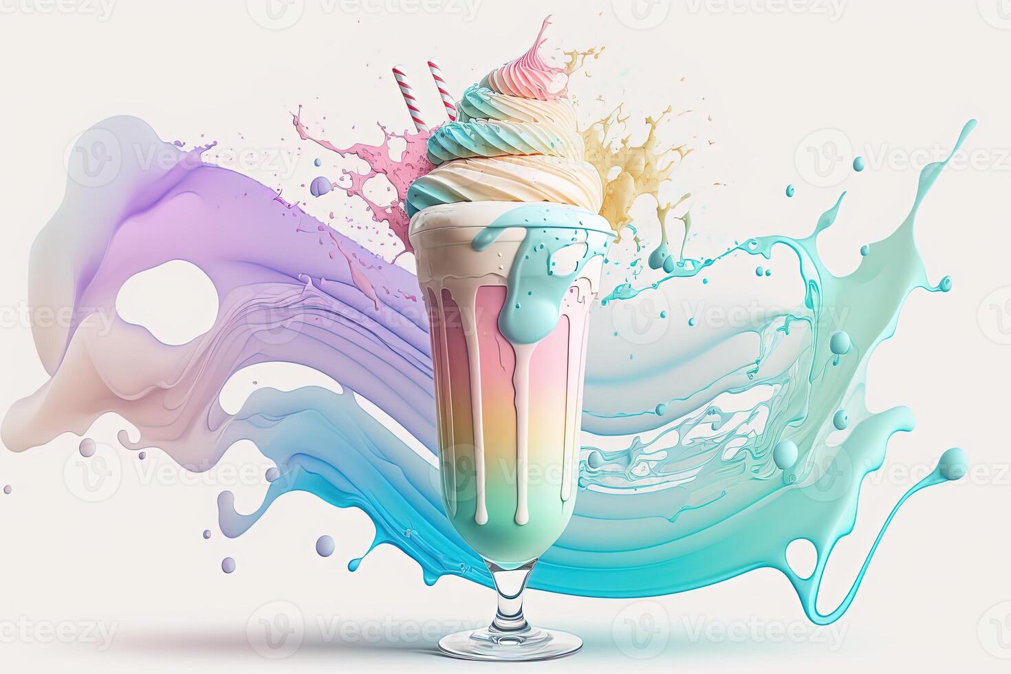 Splash multicolored ice cream in a glass bowl. Splash and drops of cream, milkshake. Abstract illustration of pastel colors on a white background. . photo