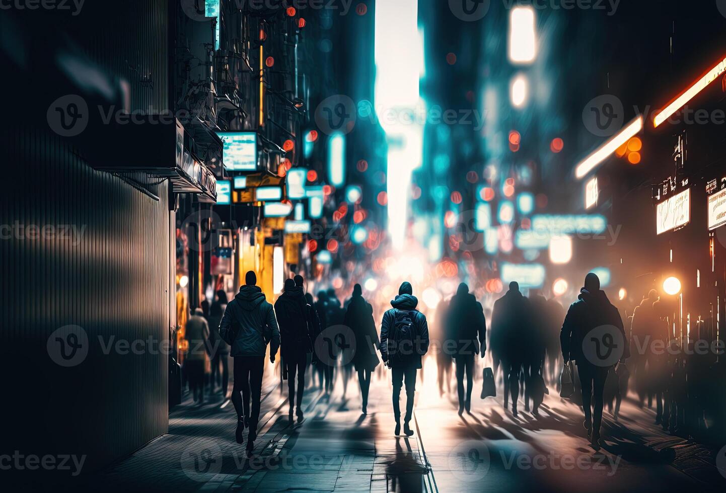 Dark silhouettes of people, rain, reflections in the wet asphalt. Night city street illuminated by neon light. 3D rendering. . photo