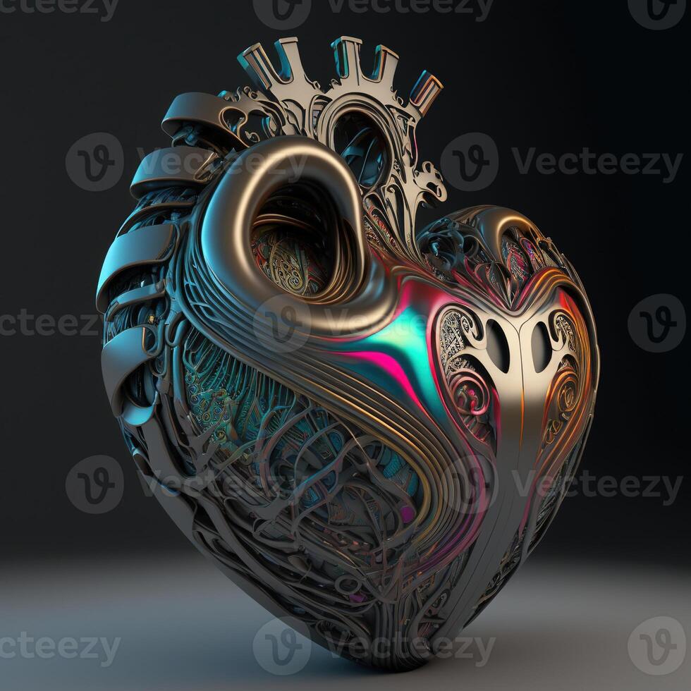 Abstract metal heart with Maori pattern. 3d rendering. . photo