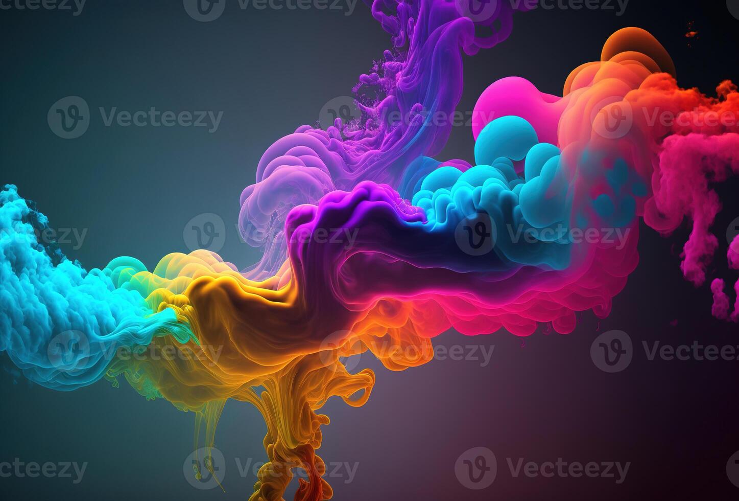 Bubbles of multicolored neon smoke, ink. An explosion, a burst of holi paint. Abstract psychedelic black dark background. 3D rendering. . photo