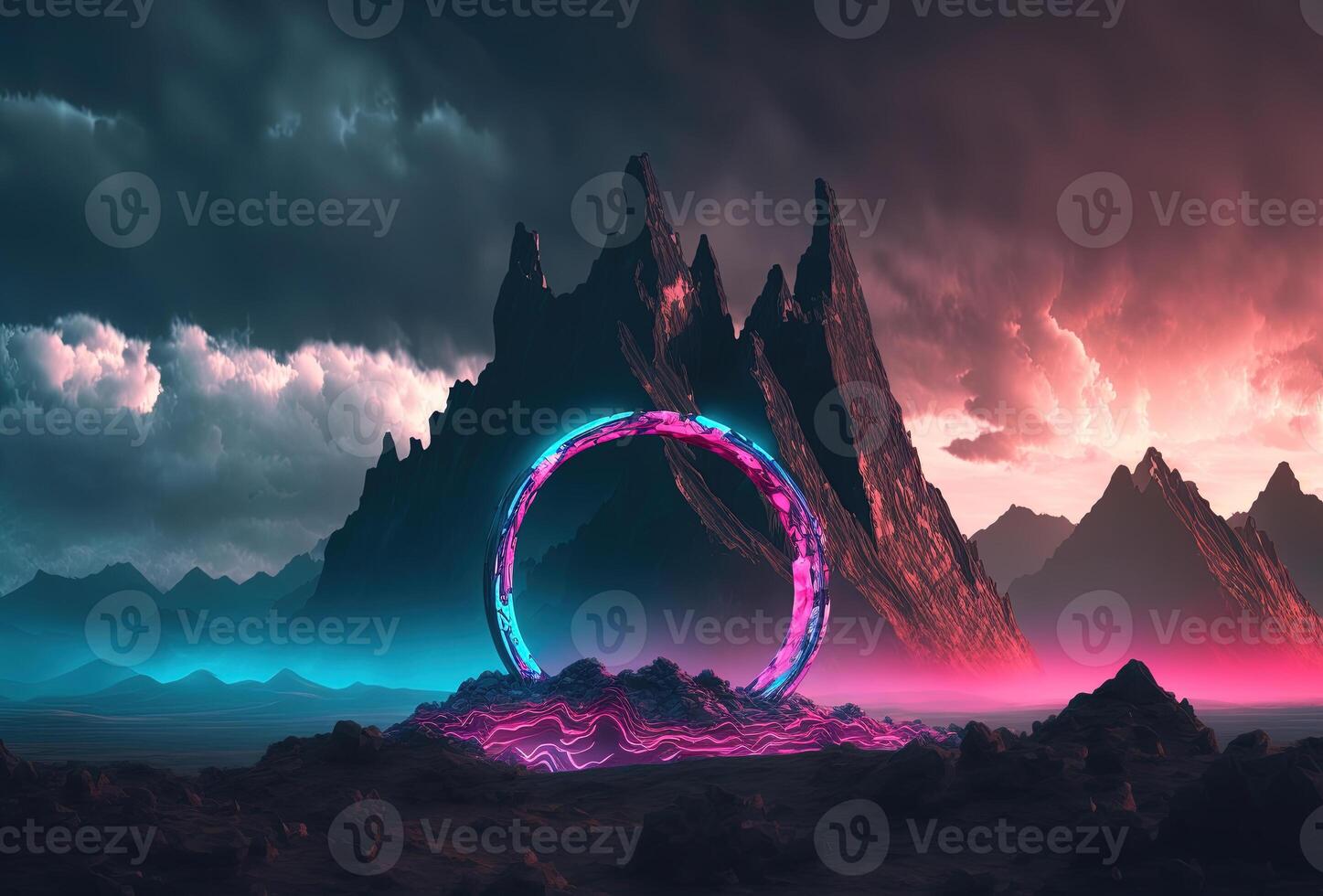 Fantastic mountain scenery with a round neon portal against a cloudy, thunderous sky. Surrealistic dystopian alien world. 3D rendering. . photo