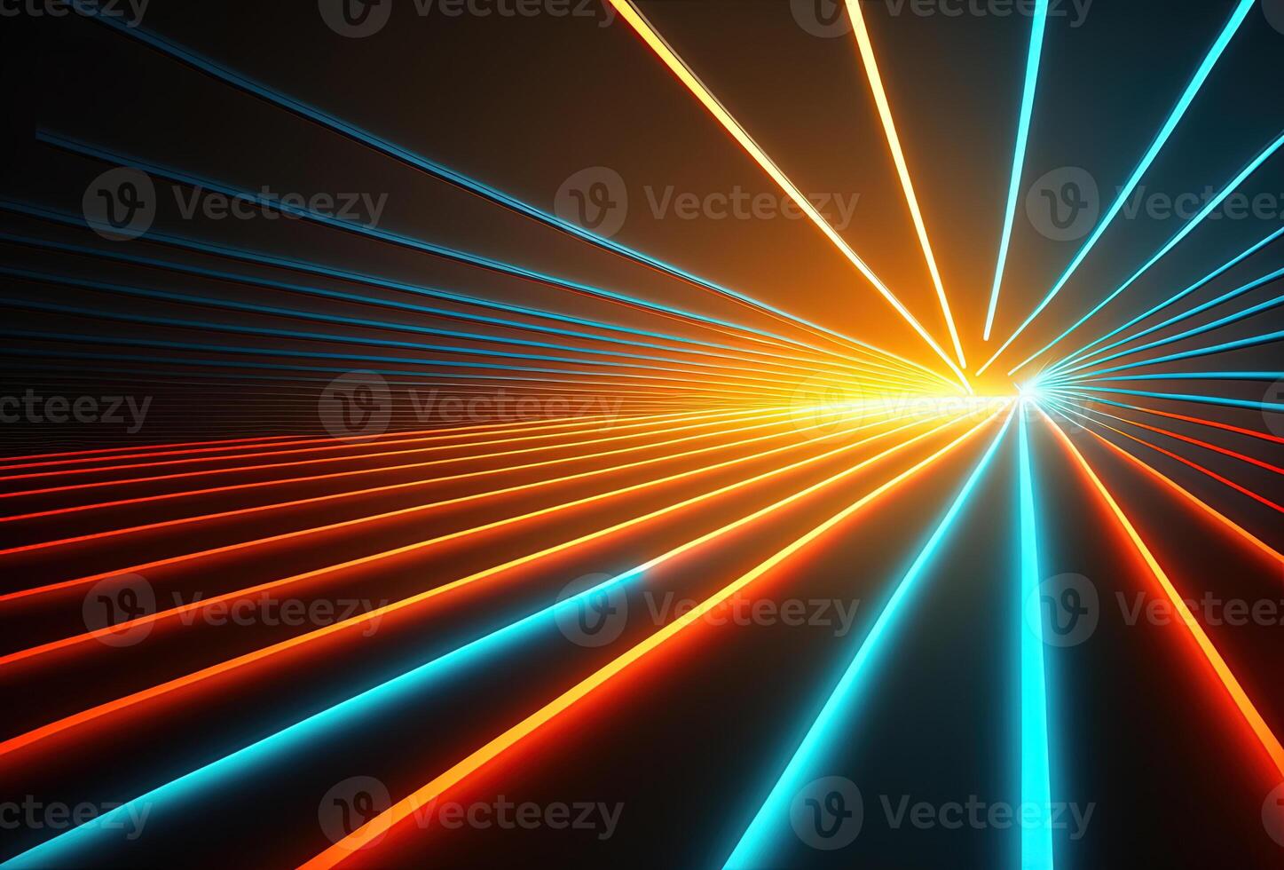 Abstract psychedelic dark background, multicolored glowing neon straight lines. Immersive fantasy interior, corridor, gallery. 3D rendering. . photo