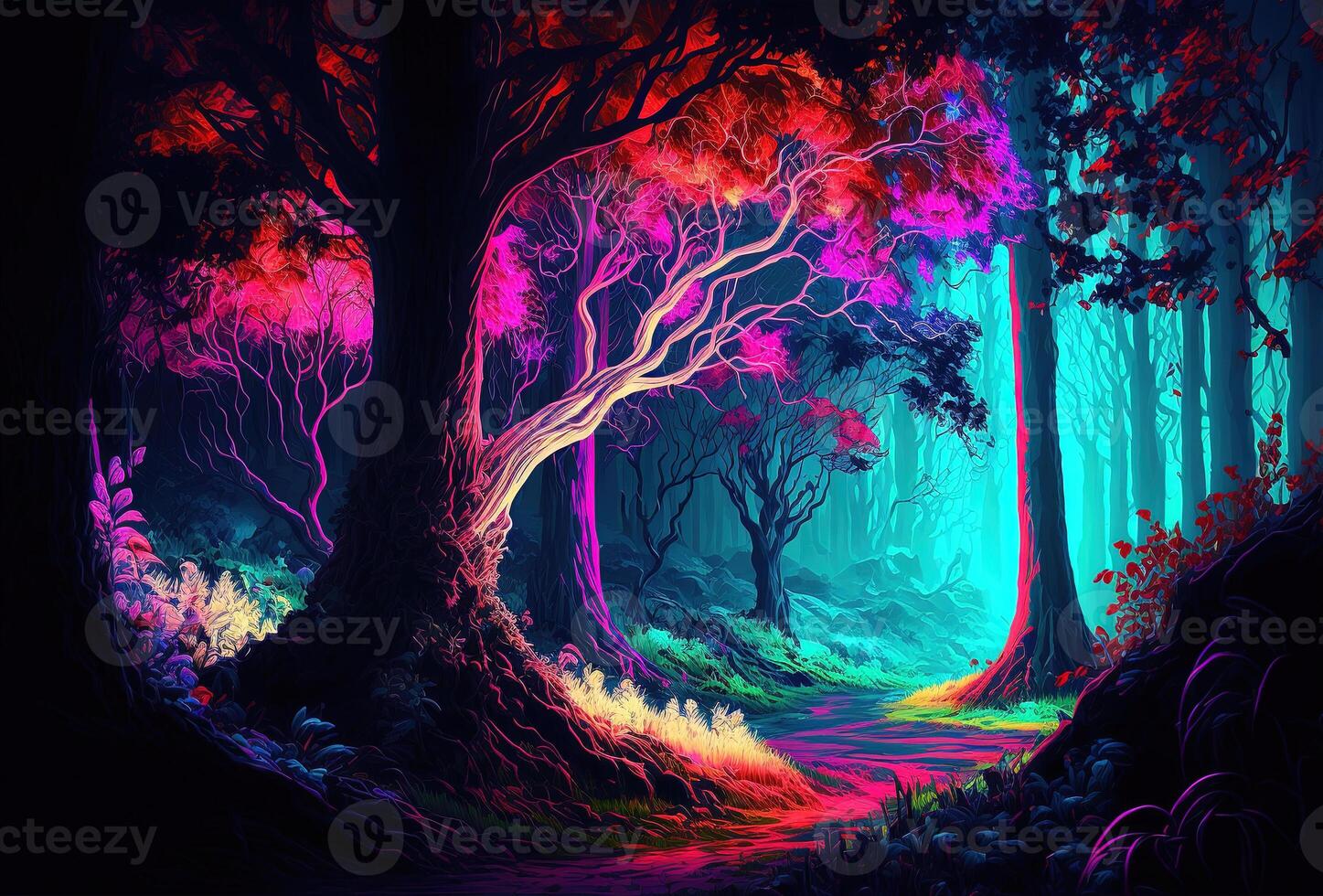 The dark trees are illuminated by multicolored psychedelic neon light. A fairytale forest, a surreal, mystical landscape. A mysterious path through the thicket. 3D rendering. . photo