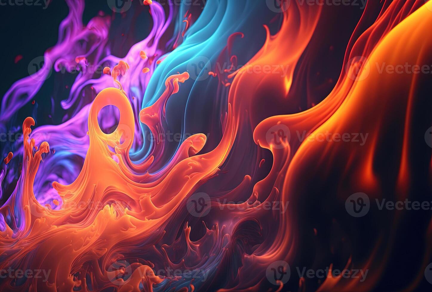 Multicolored neon fire on a dark background. Surrealistic flames of red, blue and yellow. Fantastic moving pattern. 3D render. . photo