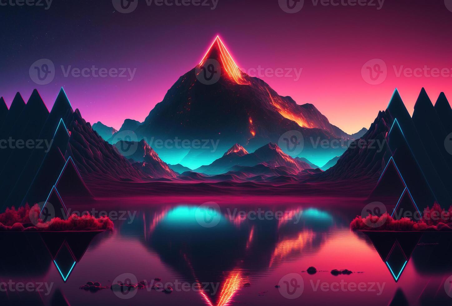 A futuristic landscape, low-polygon mountains illuminated by neon light on a gradient background. Immersion in a surreal digital virtual cyber world. 3D rendering. . photo