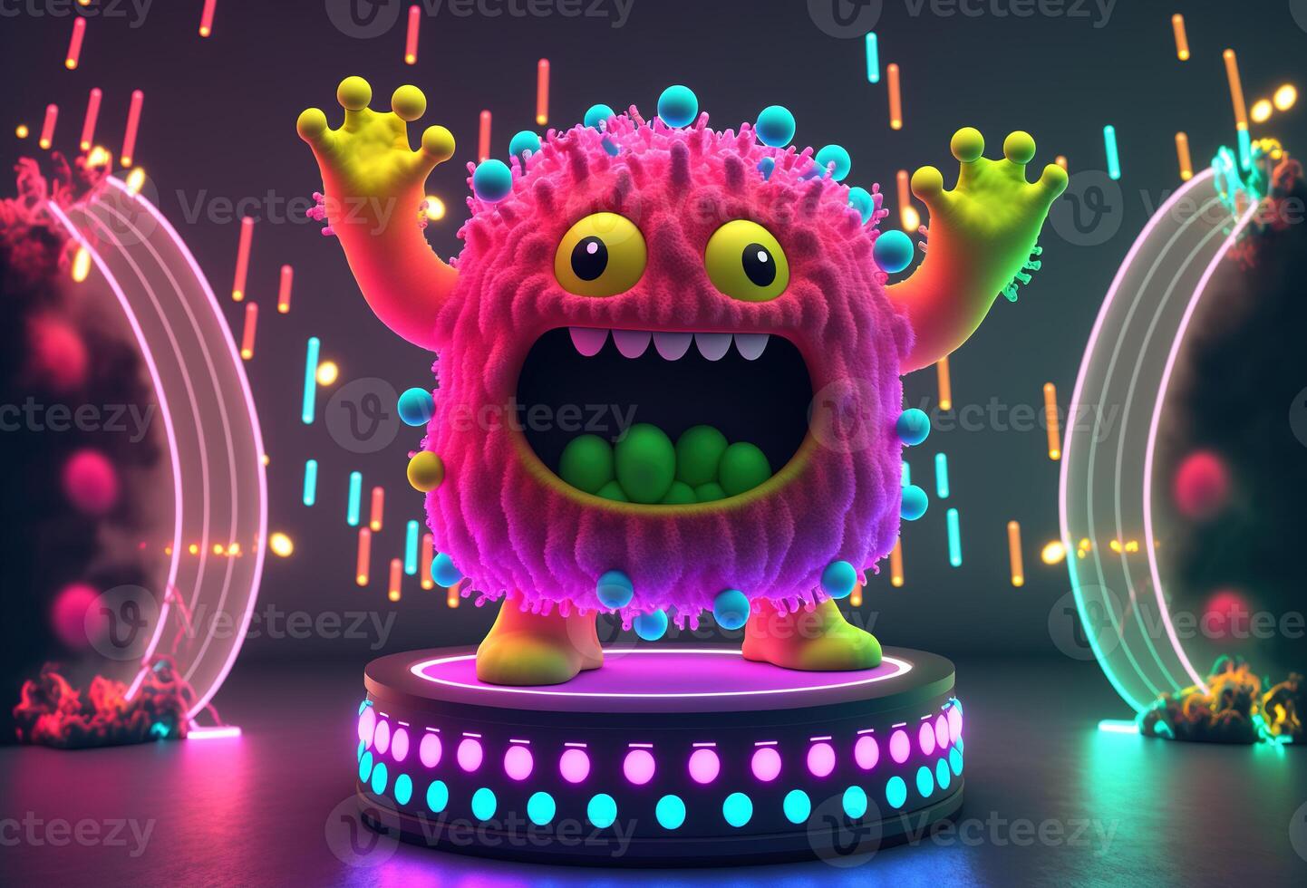 3D character cute monster dancing in a nightclub. The funny toothy alien is having fun at the party on stage in neon light. photo