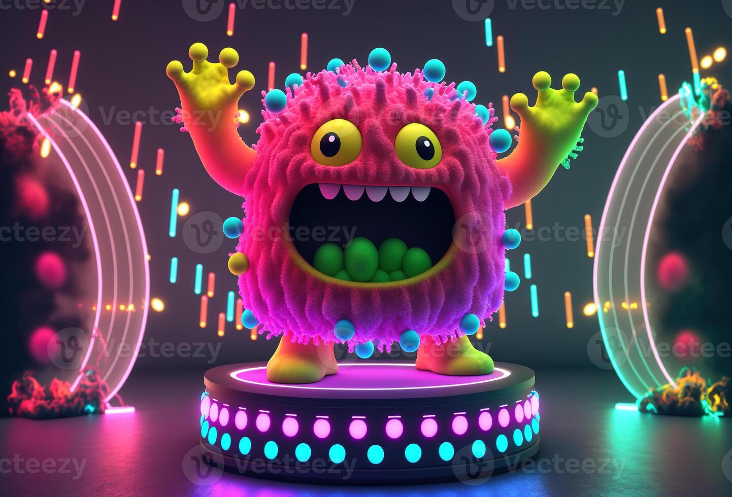 3d personaje linda monstruo bailando en un Club nocturno. el gracioso con dientes extraterrestre es teniendo divertido a el fiesta en etapa en neón ligero. ai generado foto