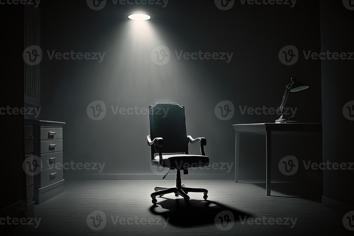 An office chair in a beam of studio light in the middle of a dark room, a cinematic scene. Free vacancy concept, leadership, ideal candidate. . photo