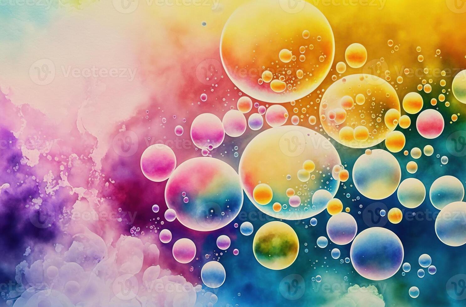Rainbow soap bubbles. Multicolored glass balls. Bright watercolor abstract background. photo