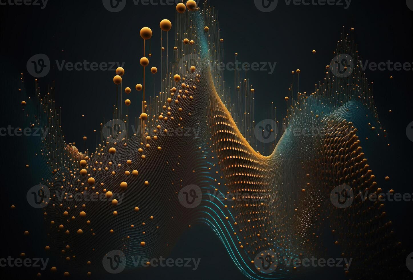Visualization of big data movement. Colored dots and lines on a black background. . Futuristic cyber technology, singularity. Abstract dark background. 3D rendering. photo