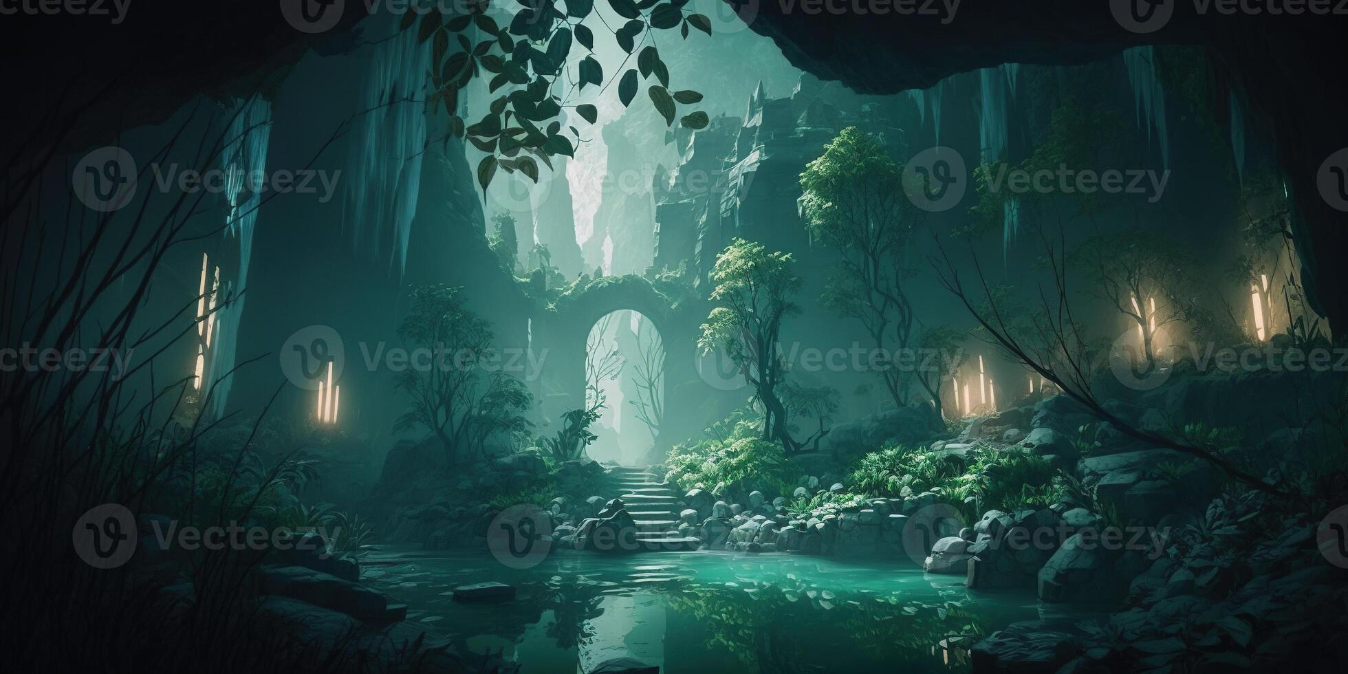 A fantastic mystical landscape of the elven gorge. Grim mountains, trees, and a stream. A magical place in the middle of the forest illuminated by magical lanterns, fireflies. . photo
