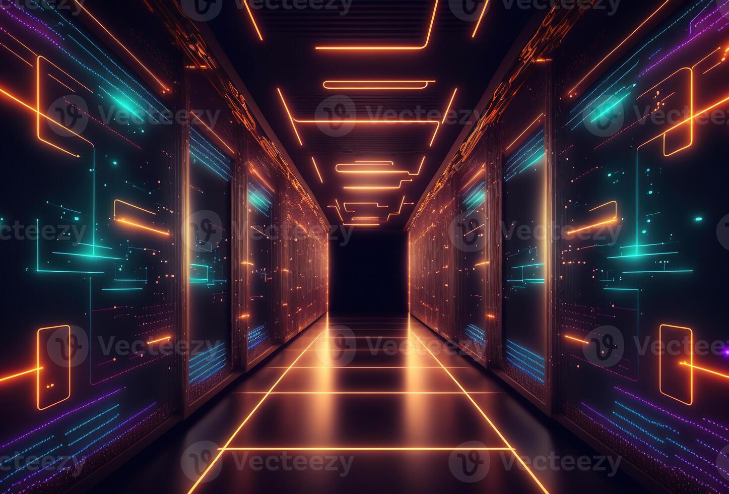A fantastic neon tunnel, the corridor of a spaceship. Immersion in virtual reality, artificial intelligence. Dark abstract background with multicolored glow. 3D rendering. . photo